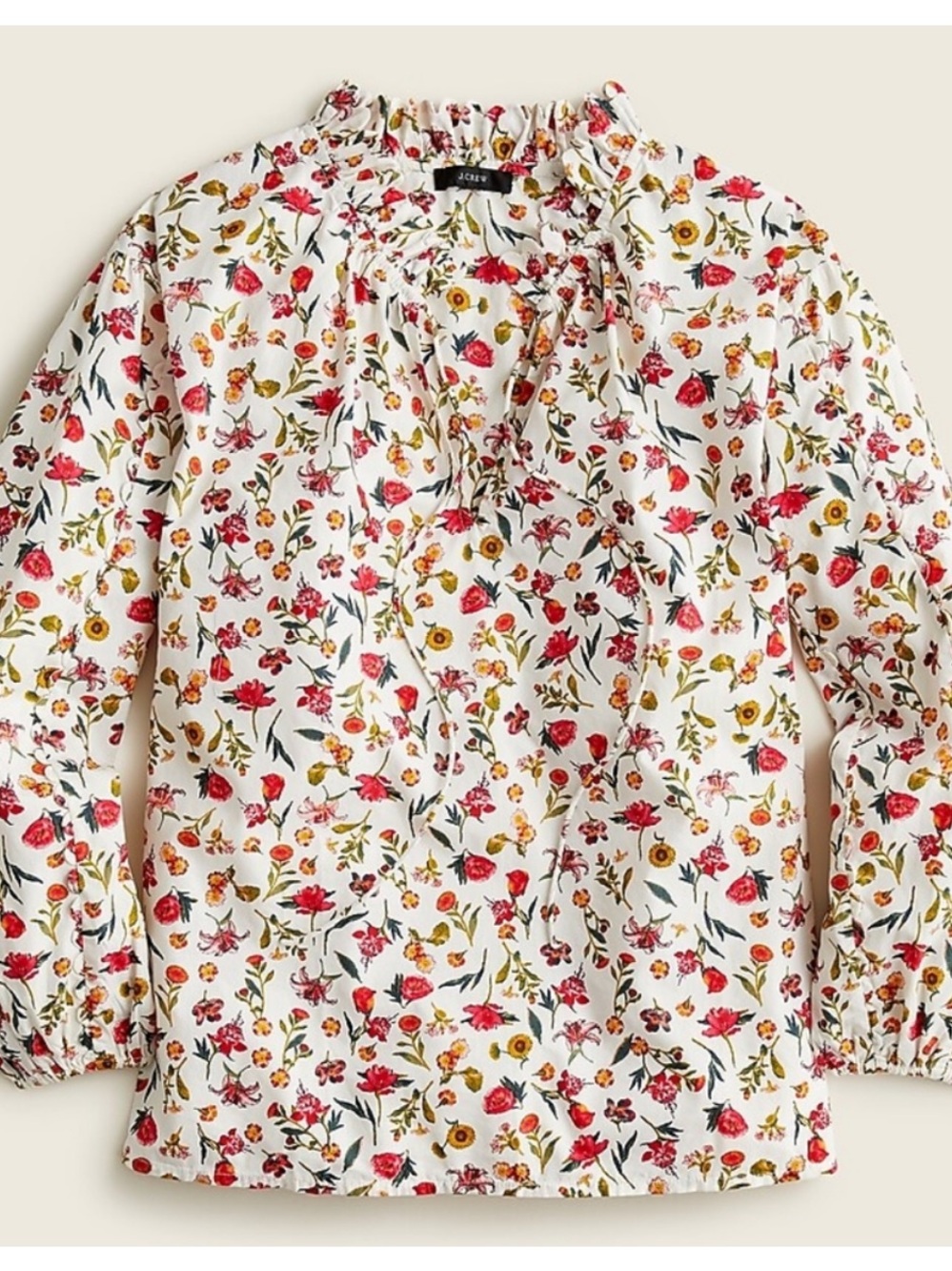 J. Crew White Floral Tie-Neck Blouse with Red and Yellow Flowers